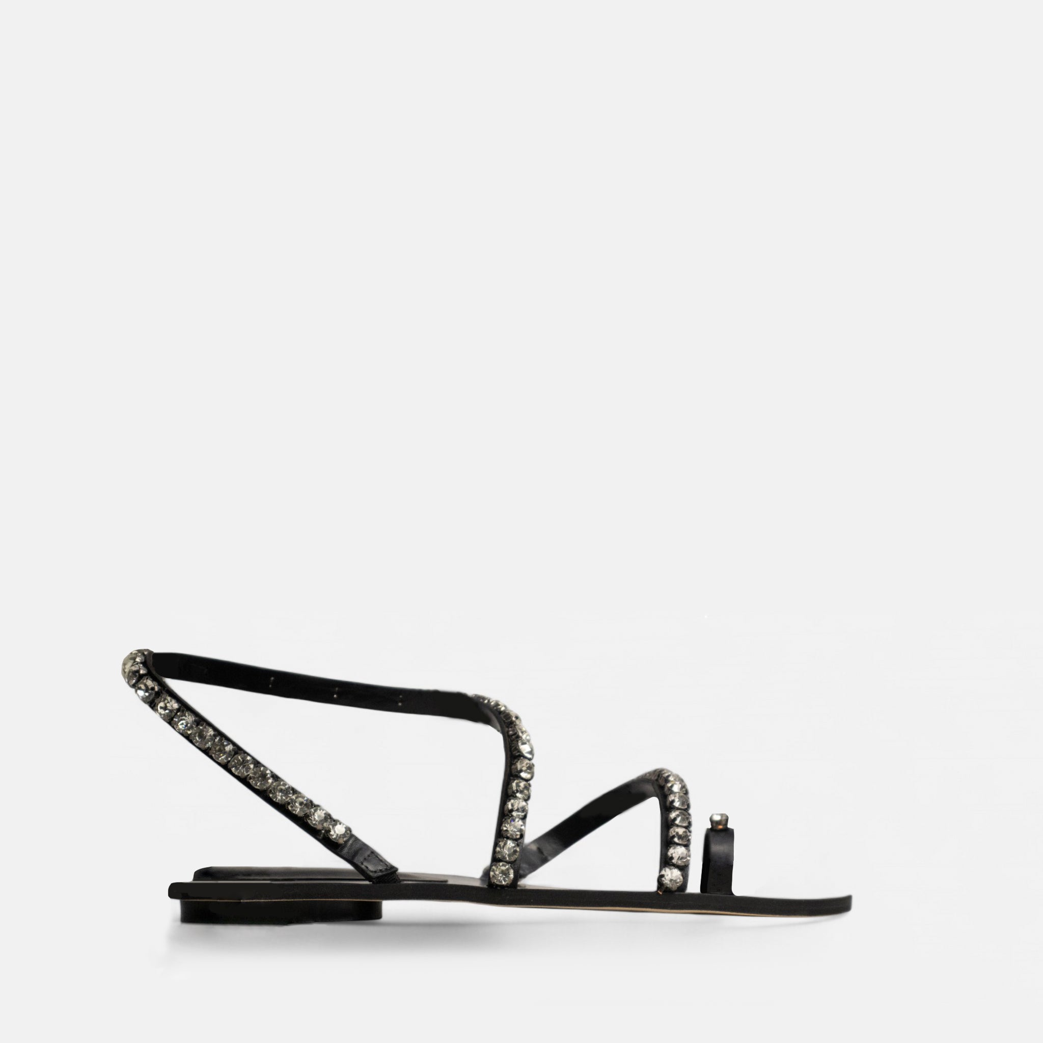 Rasteira Tira com Strass em Couro Preto