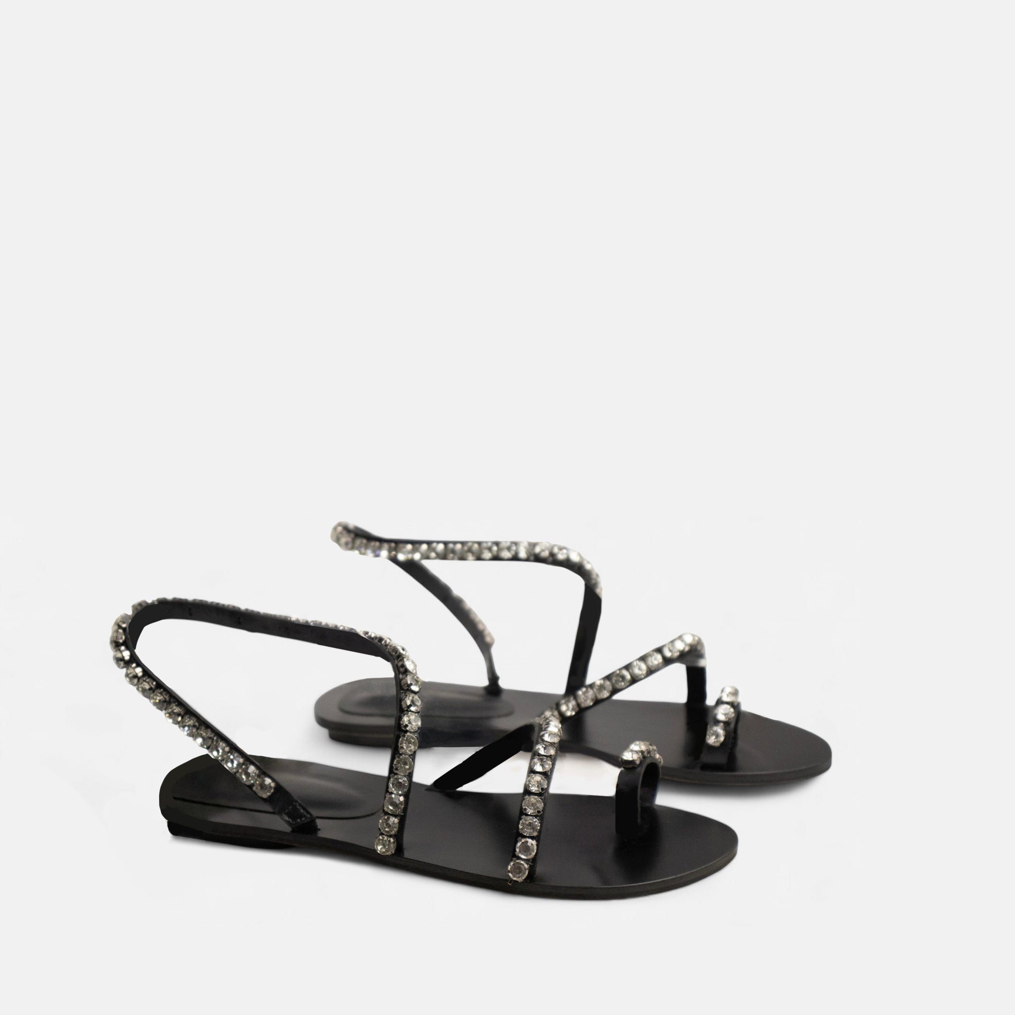 Rasteira Tira com Strass em Couro Preto
