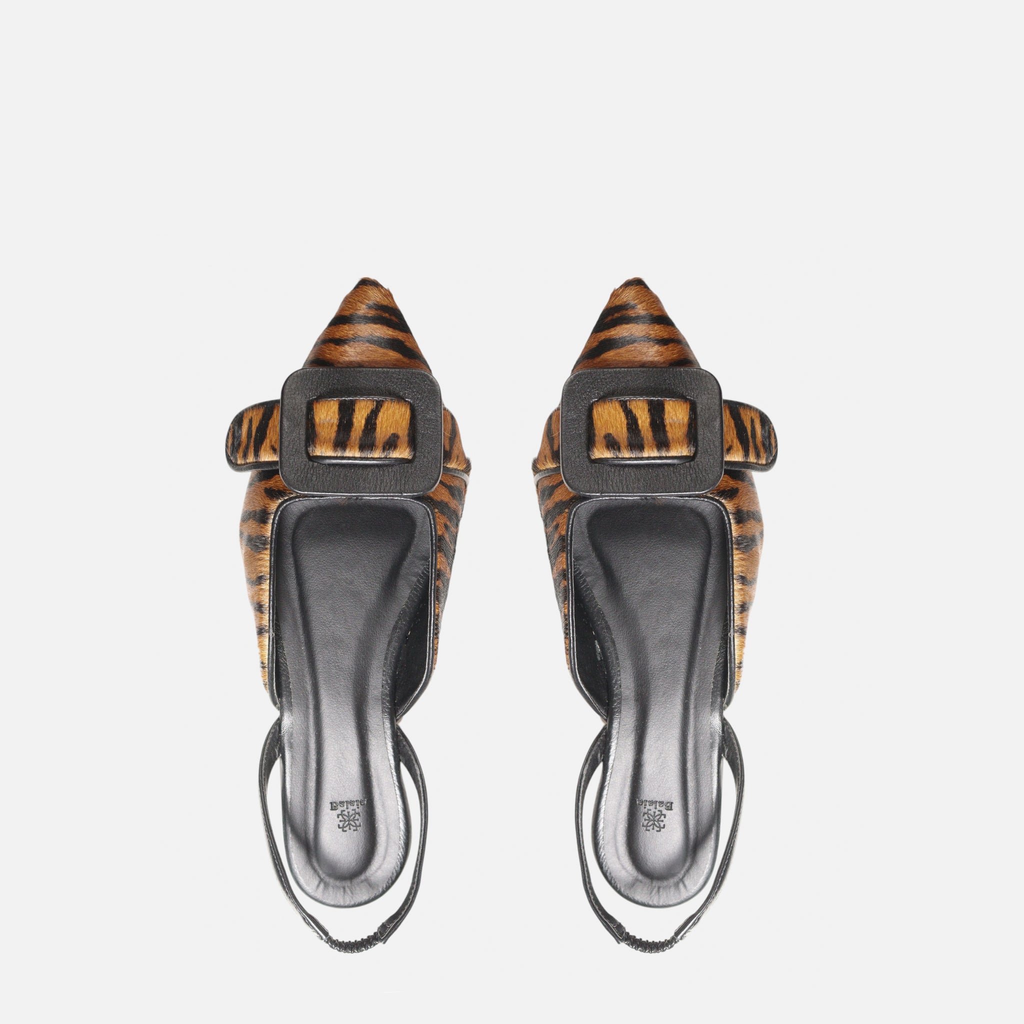 Sapatilha Bico Fino com Detalhe Preto e Fivela em Couro Animal Listrado Caramelo