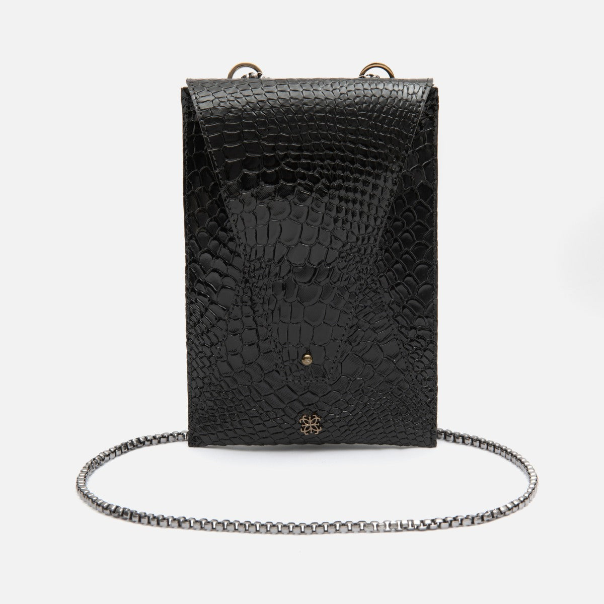 Bagphone Oli em Couro Croco Preto Corrente Silver Brown