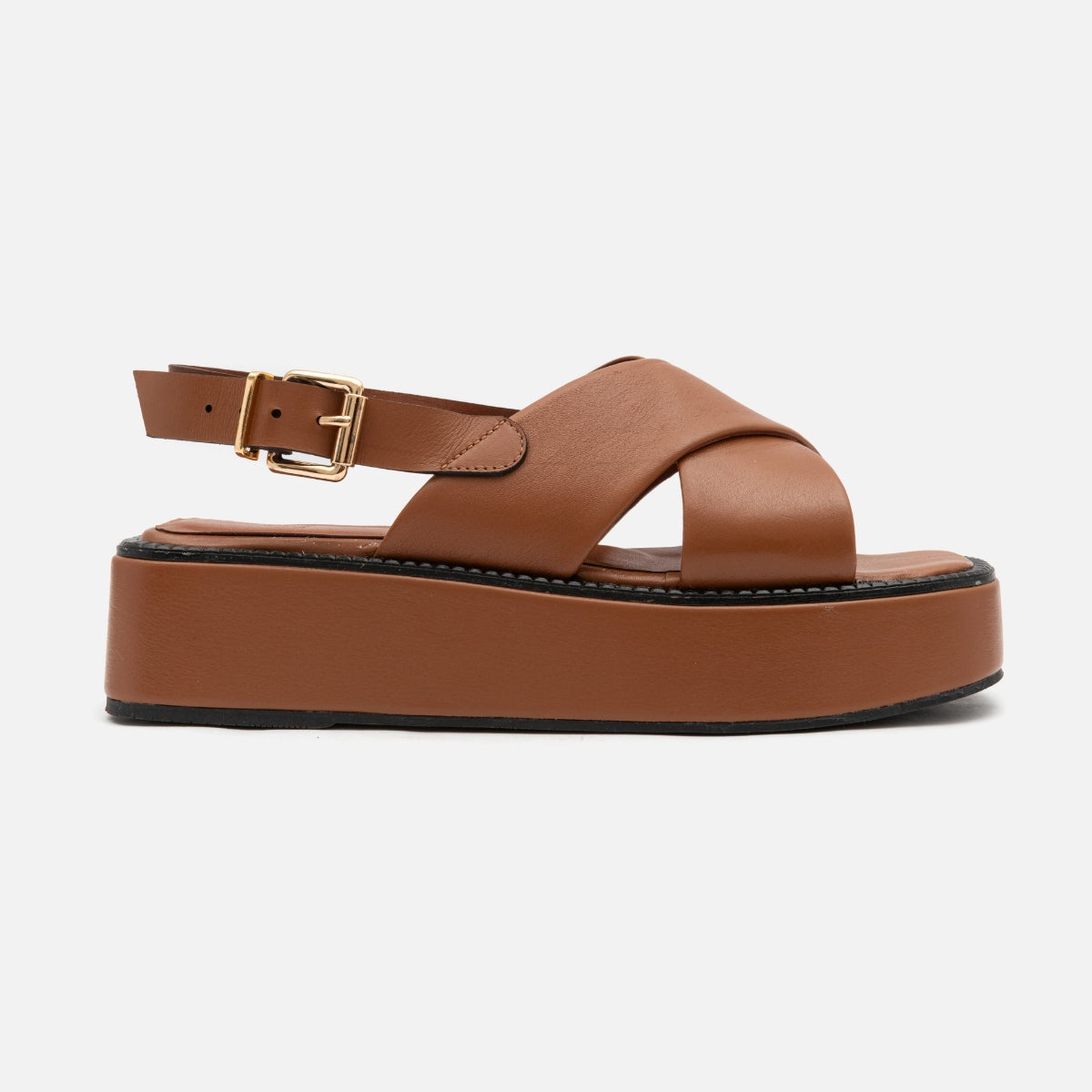 Flatform Tiras Cruzadas em Couro Carmel
