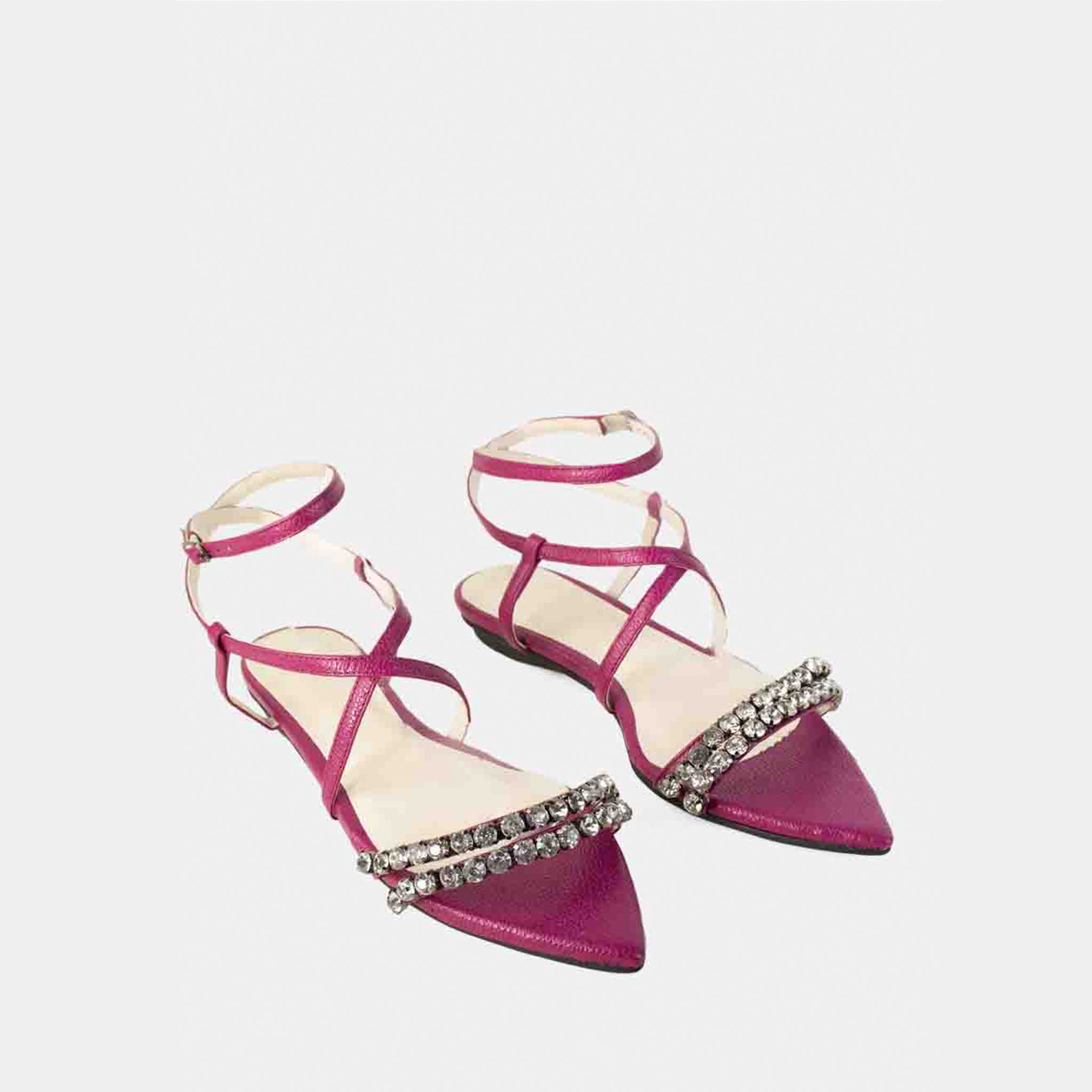 Rasteira Bico Fino com Strass em Couro Magenta