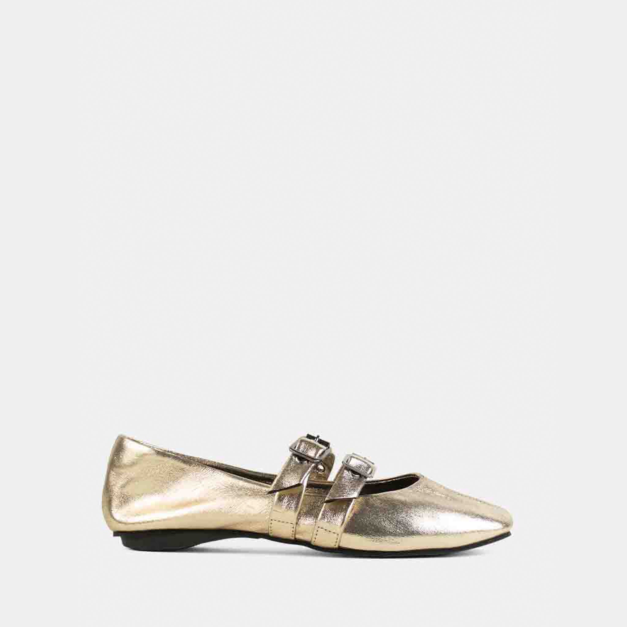 Sapatilha Mary Jane com Fivelas em Couro Ouro Light