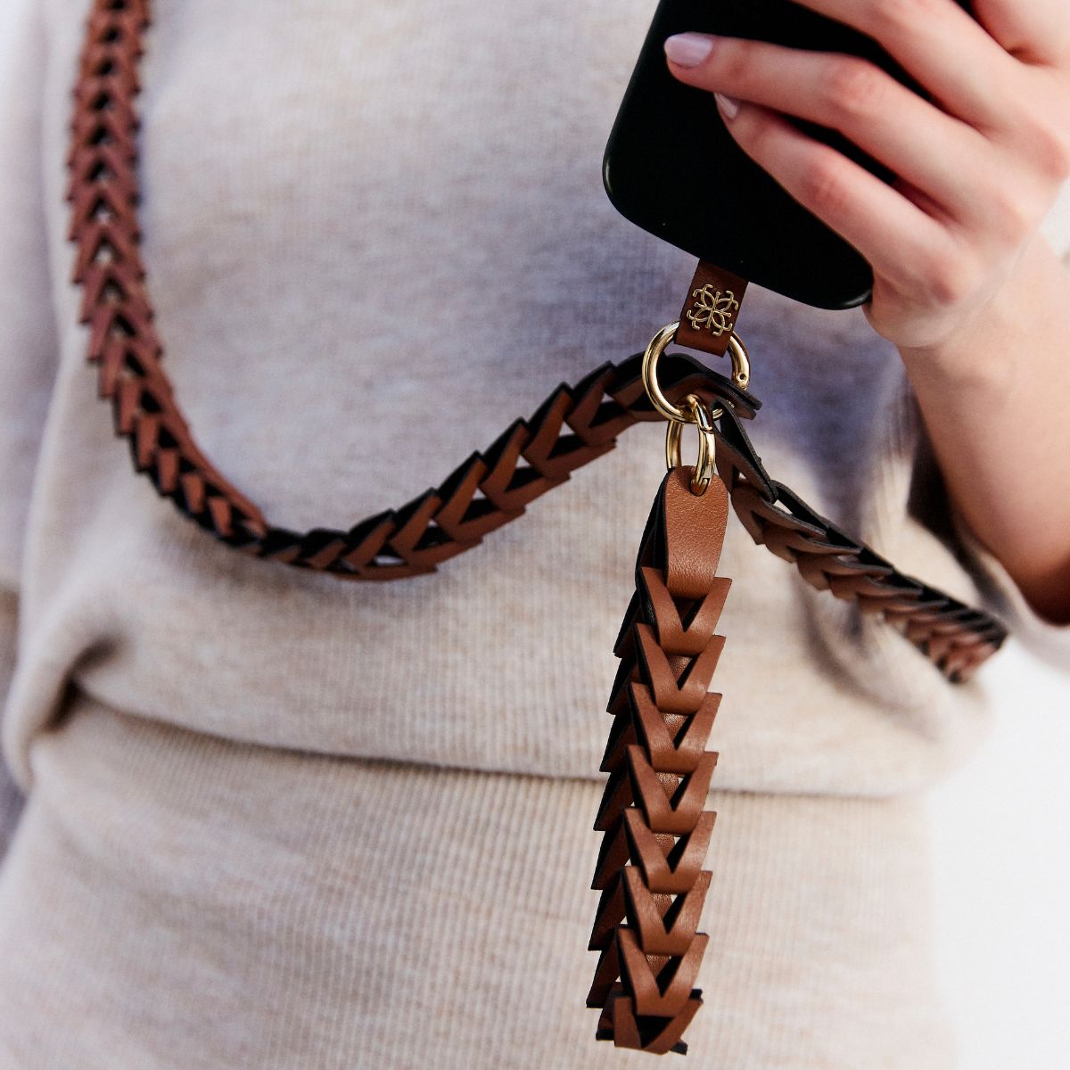 Phone Strap em Couro Carmel