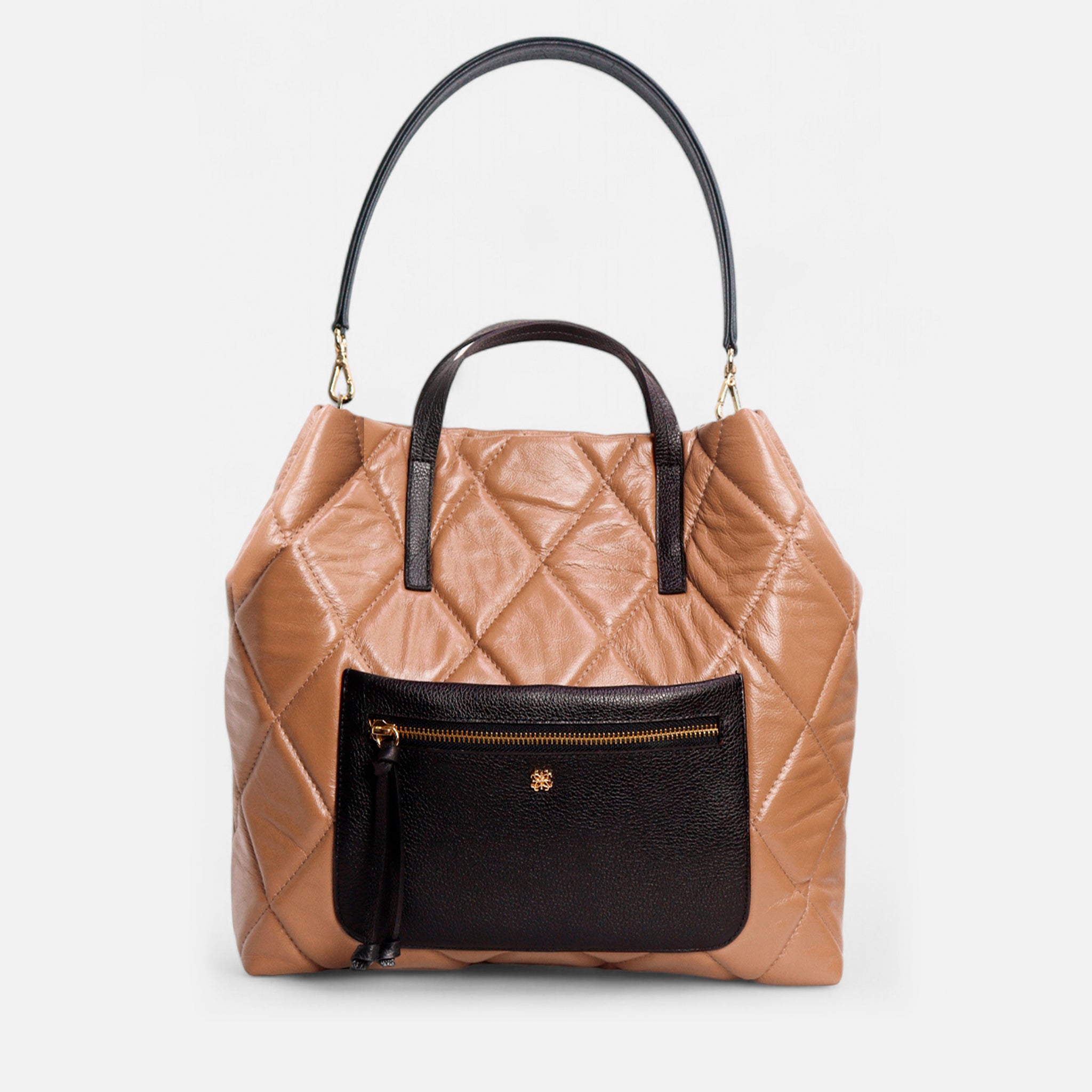 Bolsa Rafa G em Couro Carmel e Preto