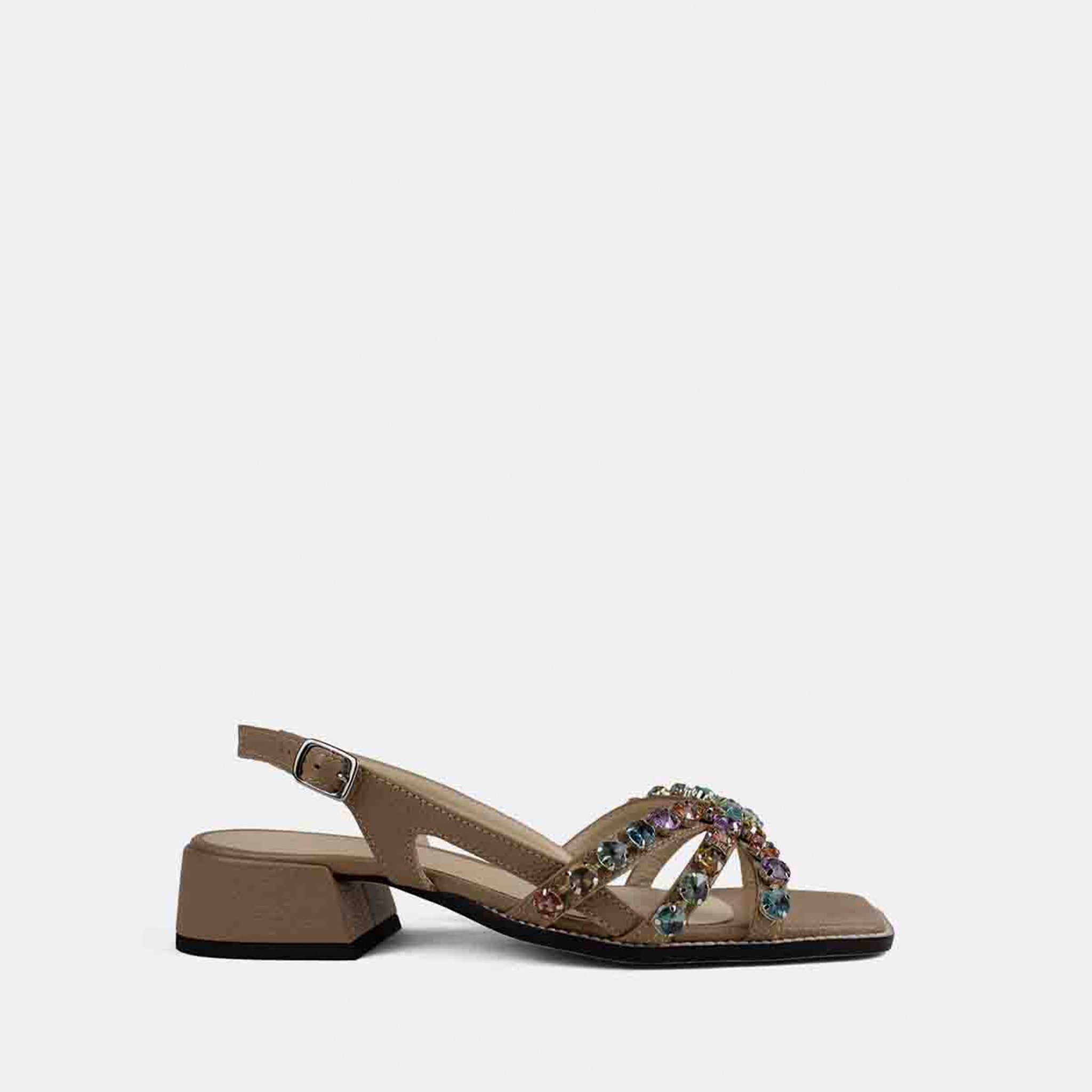 Sandália Tiras e Detalhe em Strass em Couro Bege - Balaia