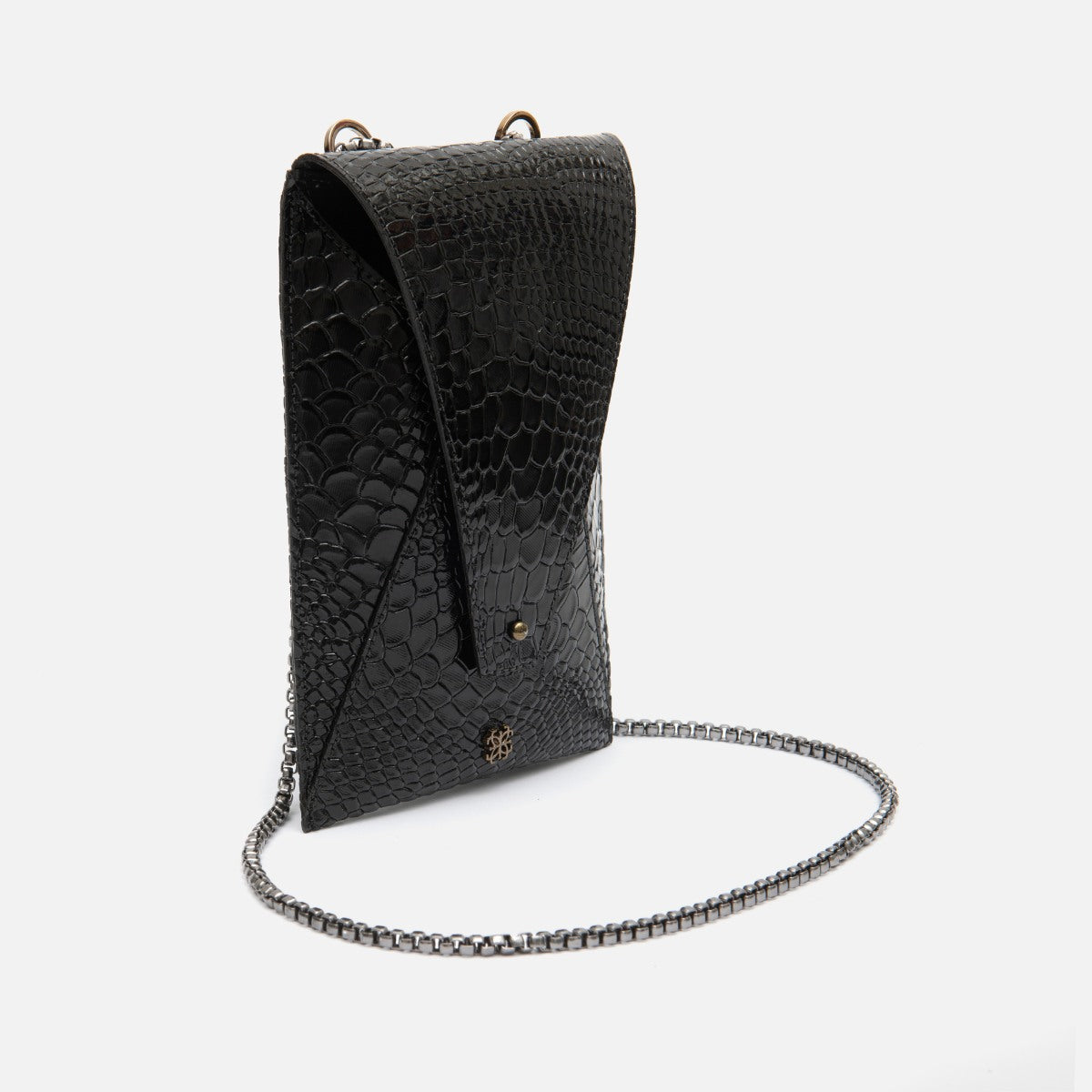 Bagphone Oli em Couro Croco Preto Corrente Silver Brown