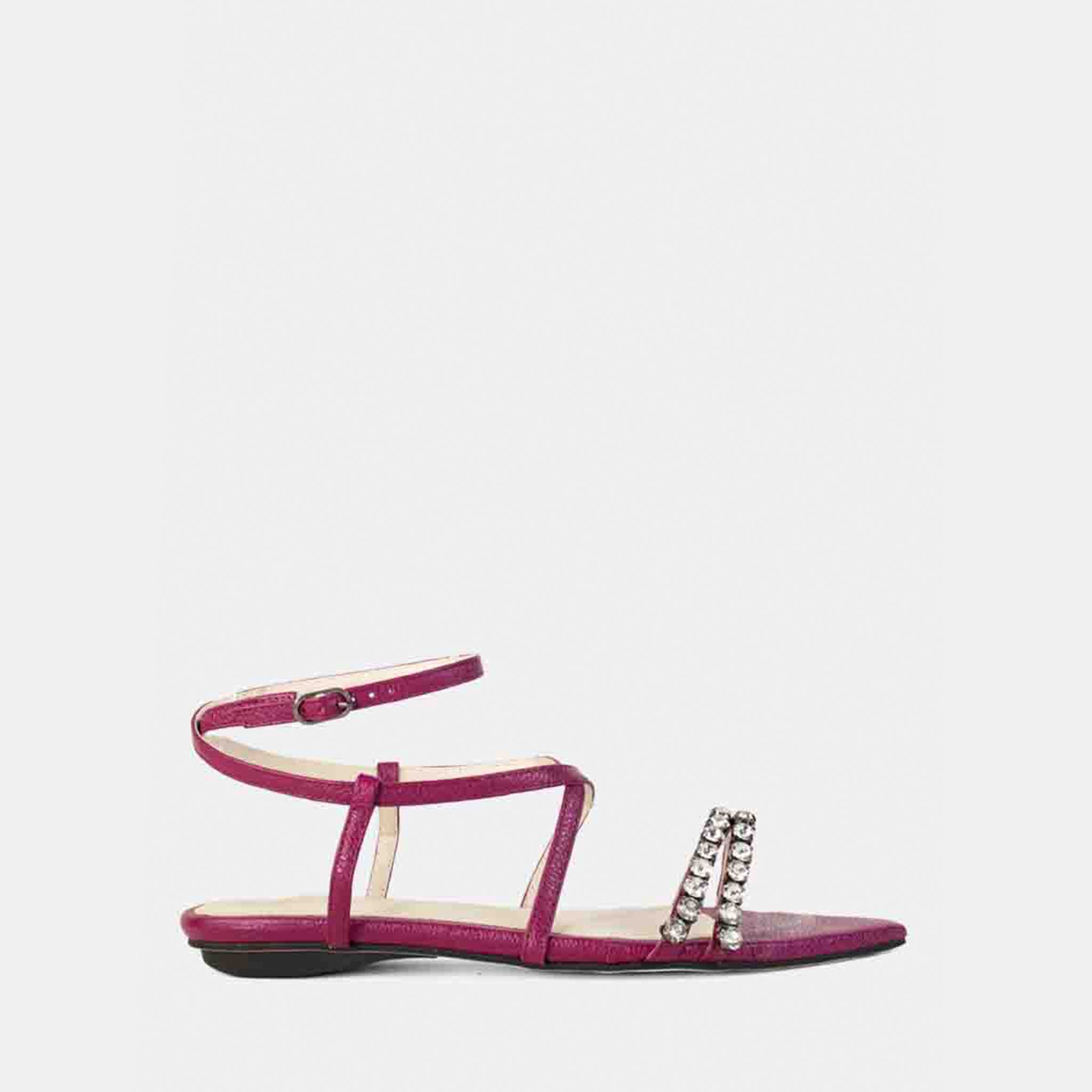 Rasteira Bico Fino com Strass em Couro Magenta